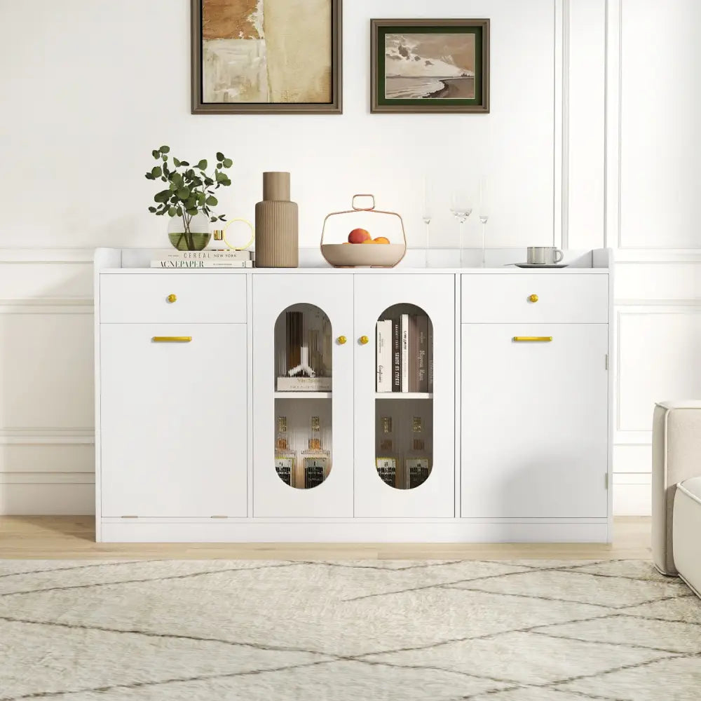 Large Buffet Cabinet Hidden Tilt Out Trash Can Cabinet with 2 Glass Doors-White - White - Sideboards Cabinets & Buffets