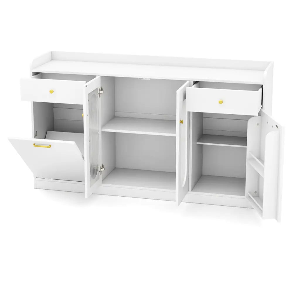 Large Buffet Cabinet Hidden Tilt Out Trash Can Cabinet with 2 Glass Doors-White - White - Sideboards Cabinets & Buffets