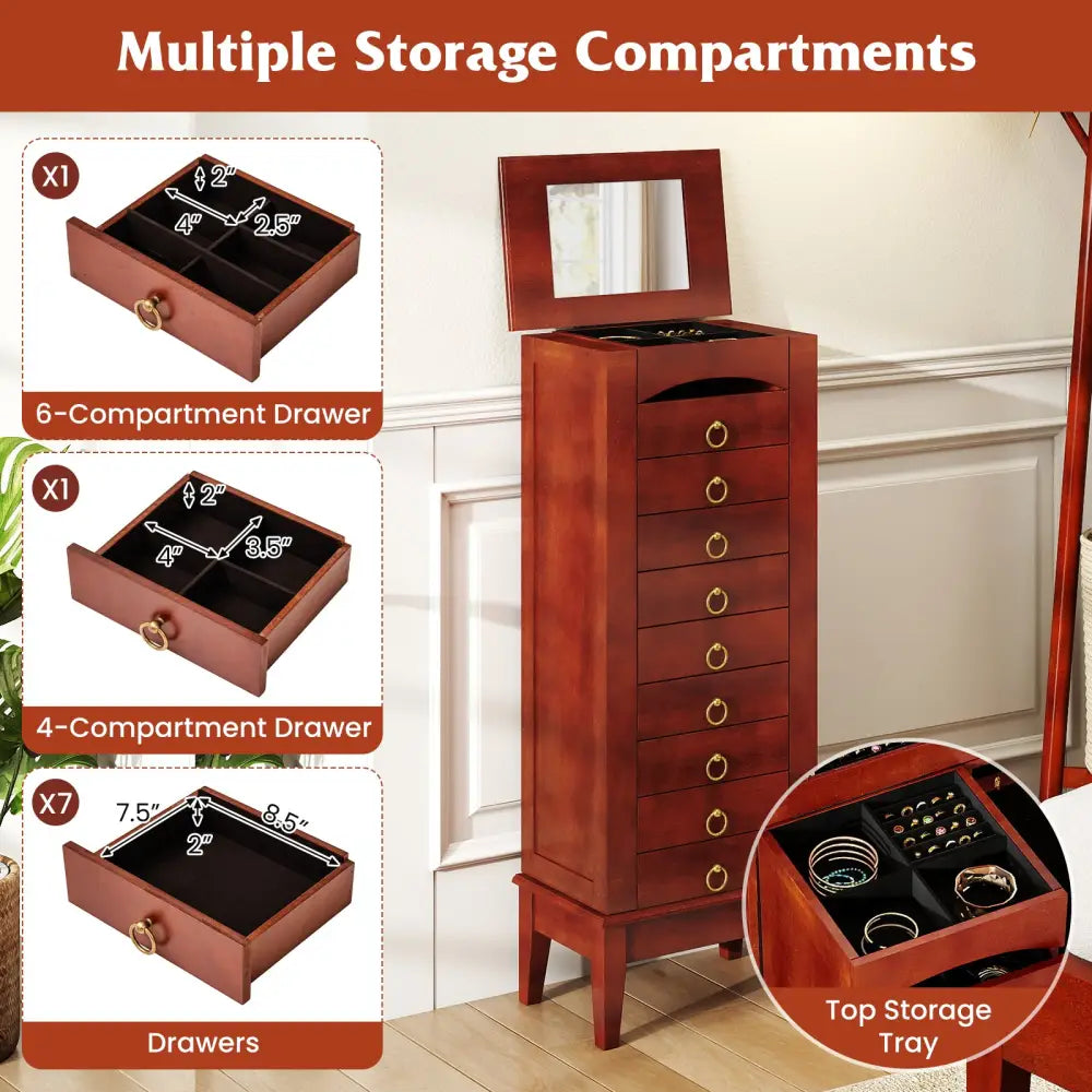 Large Capacity Jewelry Storage Cabinet with 9 Drawers - Brown - Jewelry Armoires