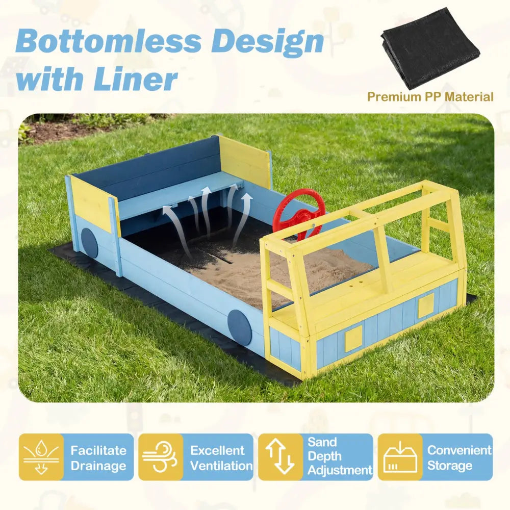 Large Car-Theme Sand Box with Bottom Liner and Fir Wood Frame-Blue - Blue - Sandboxes