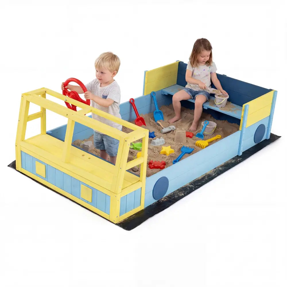 Large Car-Theme Sand Box with Bottom Liner and Fir Wood Frame-Blue - Blue - Sandboxes