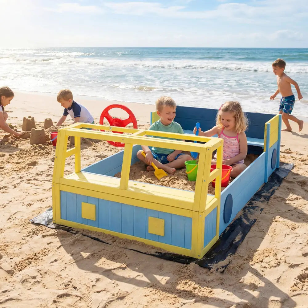 Large Car-Theme Sand Box with Bottom Liner and Fir Wood Frame-Blue - Blue - Sandboxes