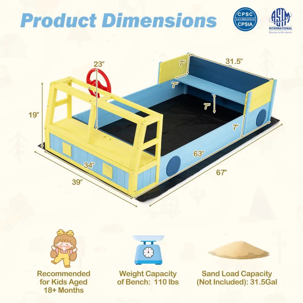 Large Car-Theme Sand Box with Bottom Liner and Fir Wood Frame-Blue - Blue - Sandboxes