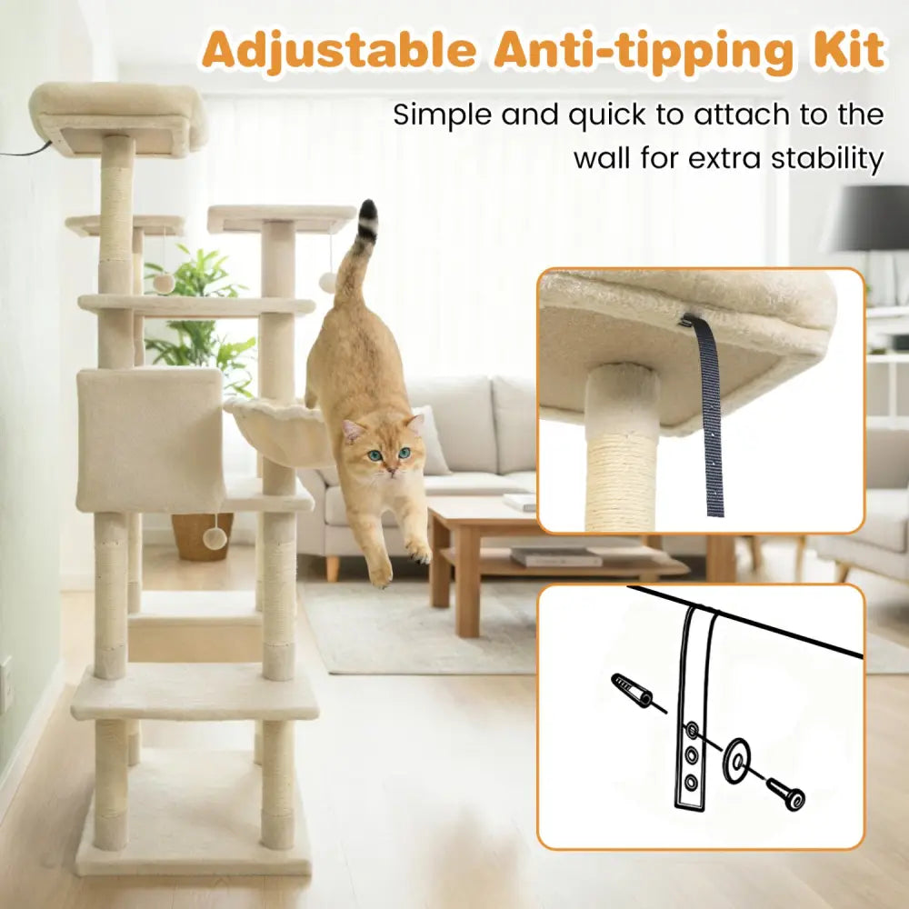 Large Cat Tree for Indoor Cats 63’’ Tall Cat Tower-Beige - Beige - Cat Trees Condos & Scratchers