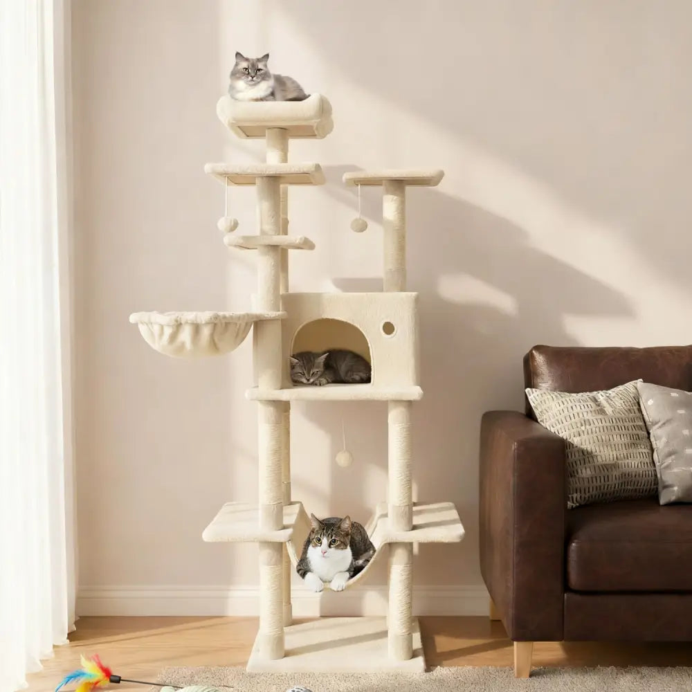 Large Cat Tree for Indoor Cats 63’’ Tall Cat Tower-Beige - Beige - Cat Trees Condos & Scratchers