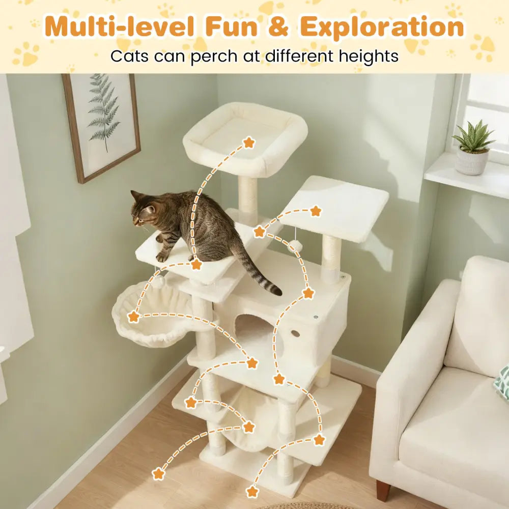 Large Cat Tree for Indoor Cats 63’’ Tall Cat Tower-Beige - Beige - Cat Trees Condos & Scratchers