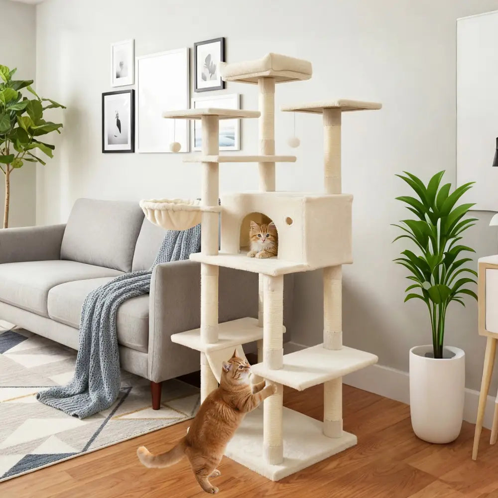 Large Cat Tree for Indoor Cats 63’’ Tall Cat Tower-Beige - Beige - Cat Trees Condos & Scratchers