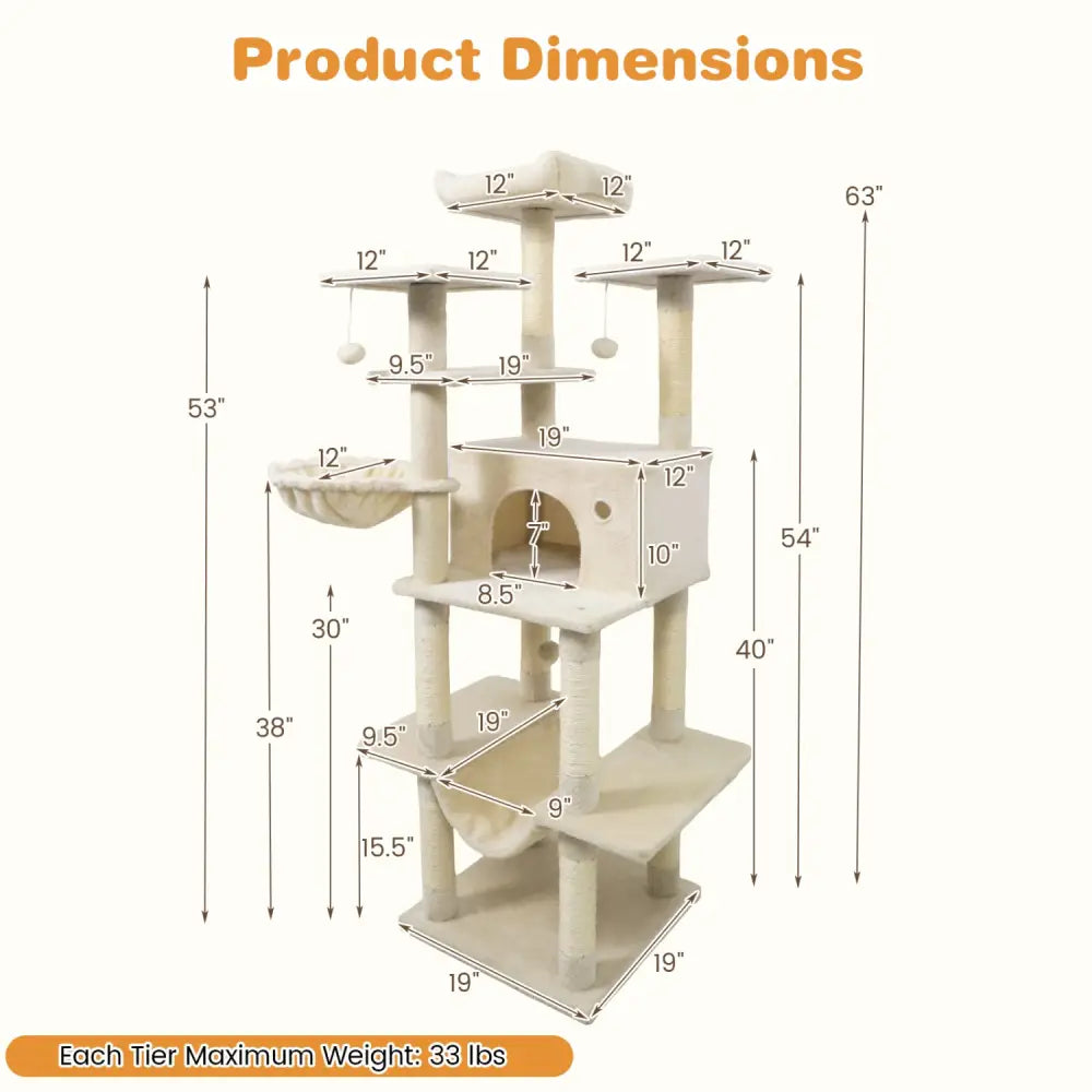 Large Cat Tree for Indoor Cats 63’’ Tall Cat Tower-Beige - Beige - Cat Trees Condos & Scratchers