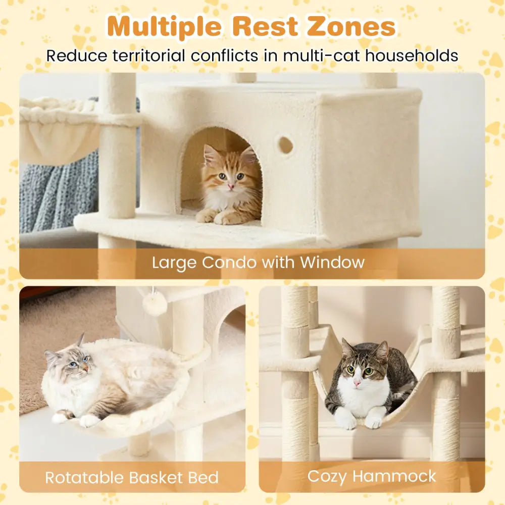 Large Cat Tree for Indoor Cats 63’’ Tall Cat Tower-Beige - Beige - Cat Trees Condos & Scratchers