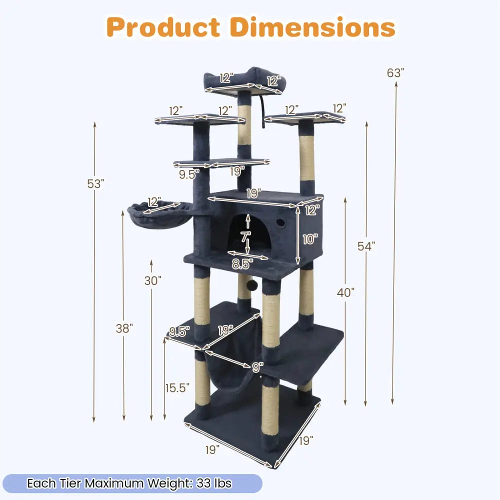 Large Cat Tree for Indoor Cats 63’’ Tall Cat Tower-Dark Gray - Dark Gray - Cat Trees Condos & Scratchers
