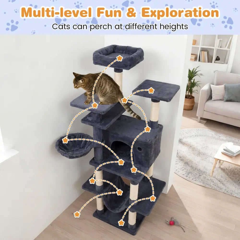Large Cat Tree for Indoor Cats 63’’ Tall Cat Tower-Dark Gray - Dark Gray - Cat Trees Condos & Scratchers