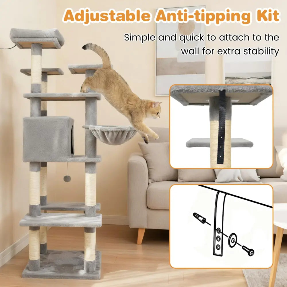 Large Cat Tree for Indoor Cats 63’’ Tall Cat Tower-Lght Gray - Light Gray - Cat Trees Condos & Scratchers