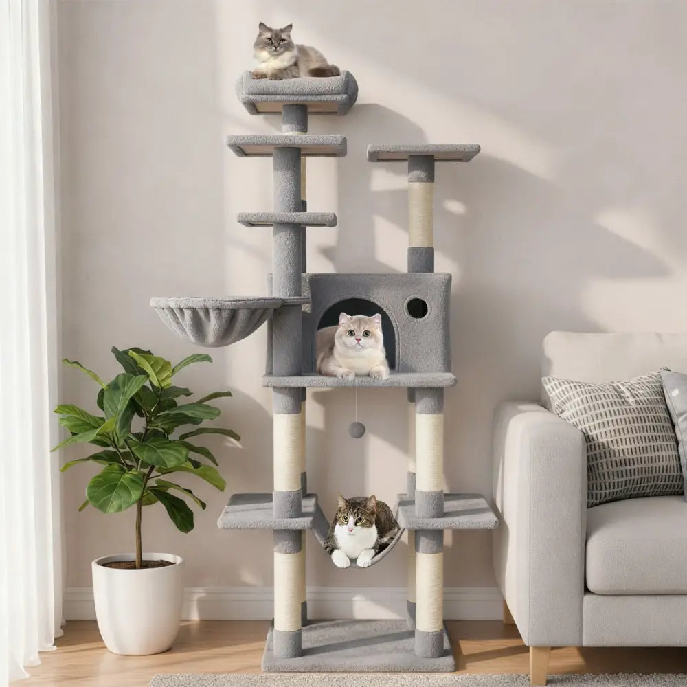 Large Cat Tree for Indoor Cats 63’’ Tall Cat Tower-Lght Gray - Light Gray - Cat Trees Condos & Scratchers