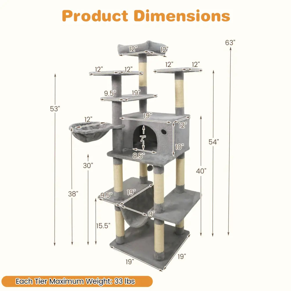 Large Cat Tree for Indoor Cats 63’’ Tall Cat Tower-Lght Gray - Light Gray - Cat Trees Condos & Scratchers