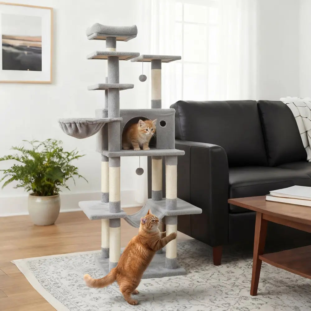 Large Cat Tree for Indoor Cats 63’’ Tall Cat Tower-Lght Gray - Light Gray - Cat Trees Condos & Scratchers