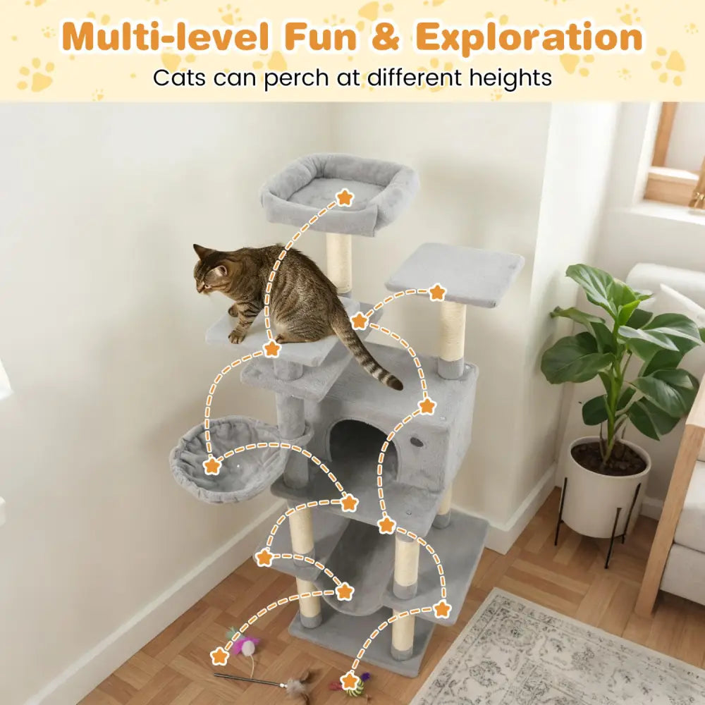 Large Cat Tree for Indoor Cats 63’’ Tall Cat Tower-Lght Gray - Light Gray - Cat Trees Condos & Scratchers