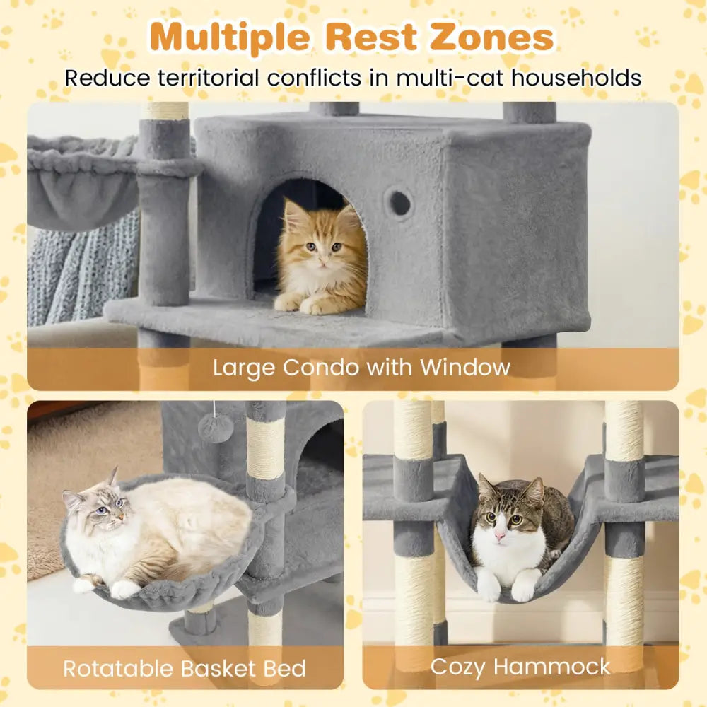 Large Cat Tree for Indoor Cats 63’’ Tall Cat Tower-Lght Gray - Light Gray - Cat Trees Condos & Scratchers