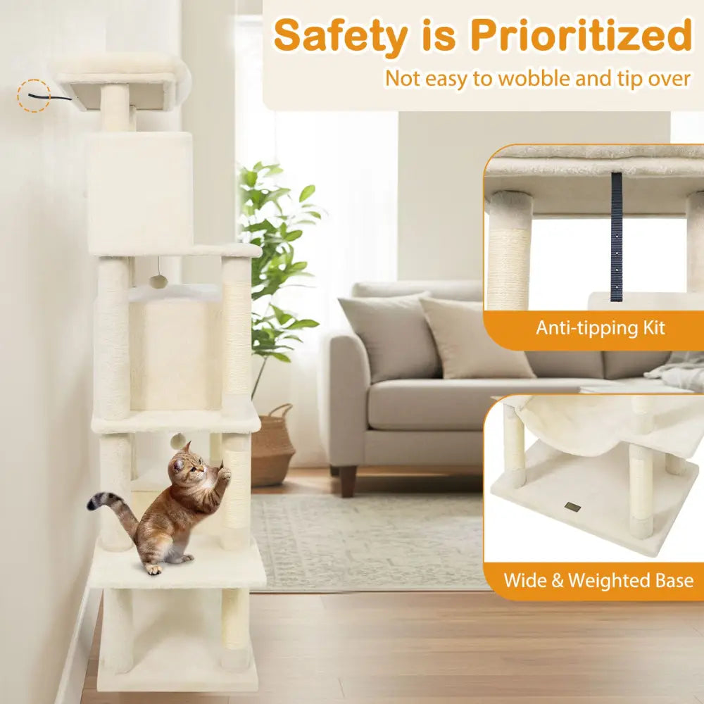 Large Cat Tree for Indoor Cats 70’’ Tall Cat Tower-Beige - Beige - Cat Trees Condos & Scratchers