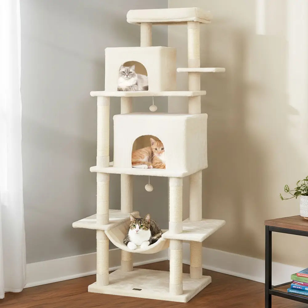 Large Cat Tree for Indoor Cats 70’’ Tall Cat Tower-Beige - Beige - Cat Trees Condos & Scratchers