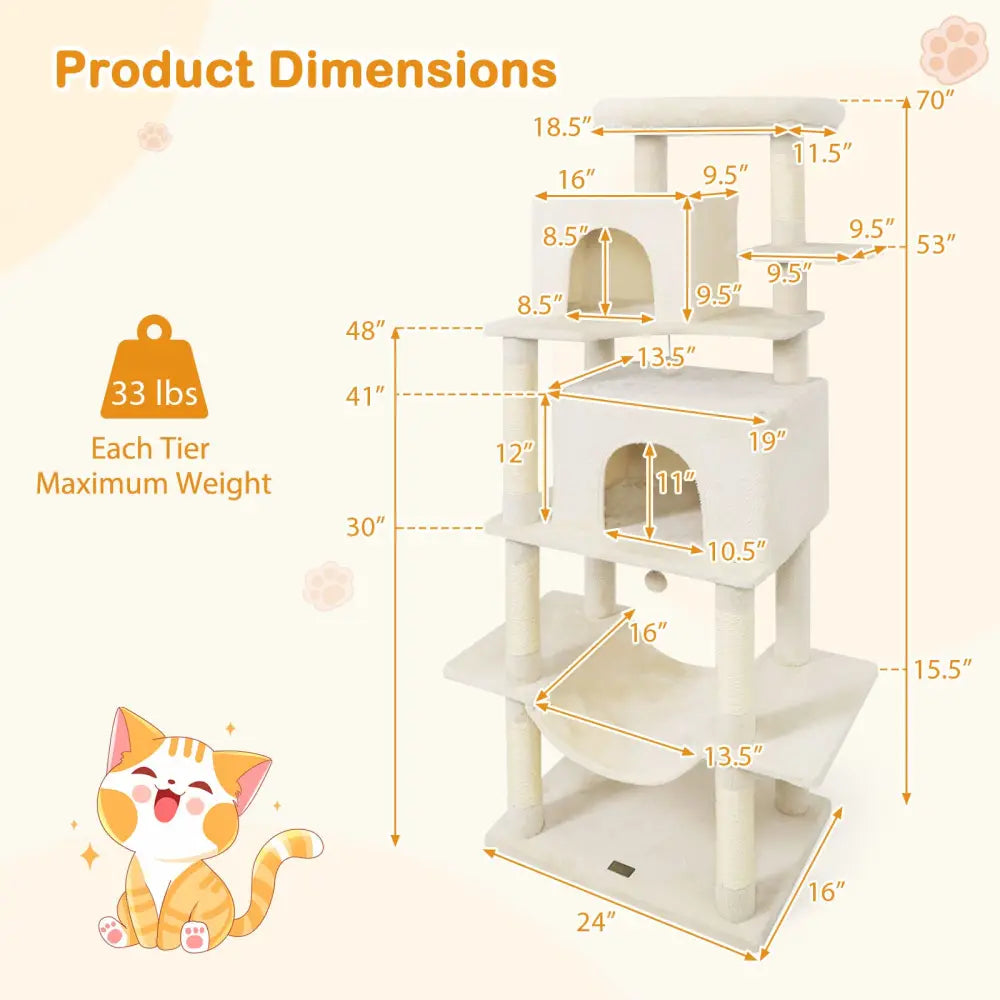 Large Cat Tree for Indoor Cats 70’’ Tall Cat Tower-Beige - Beige - Cat Trees Condos & Scratchers