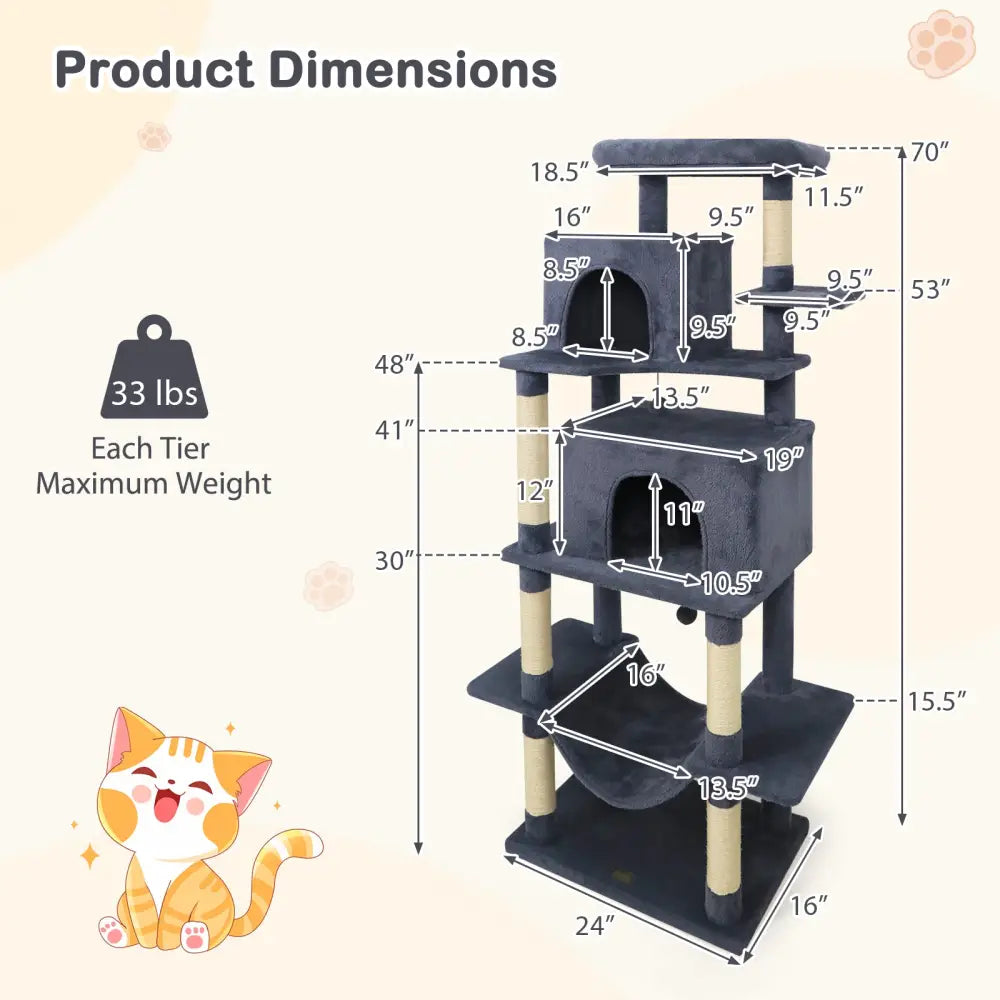 Large Cat Tree for Indoor Cats 70’’ Tall Cat Tower-Dark Gray - Dark Gray - Cat Trees Condos & Scratchers