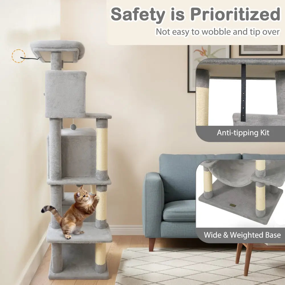 Large Cat Tree for Indoor Cats 70’’ Tall Cat Tower-Light Gray - Light Gray - Cat Trees Condos & Scratchers