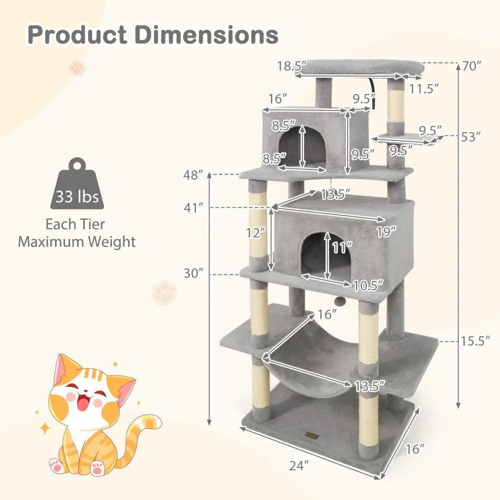 Large Cat Tree for Indoor Cats 70’’ Tall Cat Tower-Light Gray - Light Gray - Cat Trees Condos & Scratchers