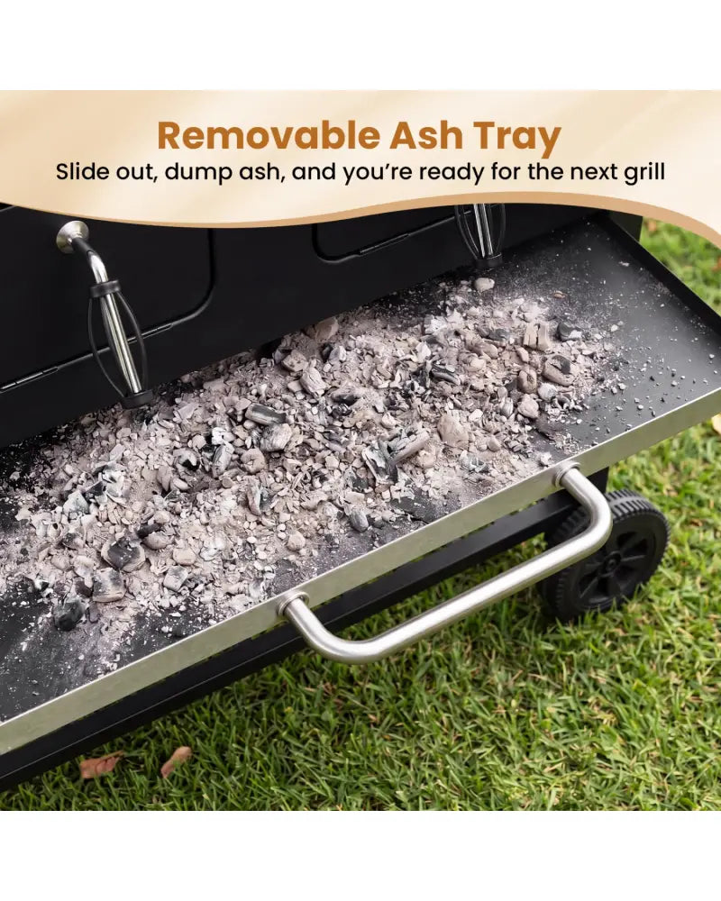 Large Charcoal Grill with Lifting Charcoal Trays and Folding Tables and Wheels - Outdoor Grills
