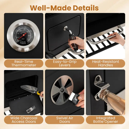 Large Charcoal Grill with Lifting Charcoal Trays and Folding Tables and Wheels - Outdoor Grills