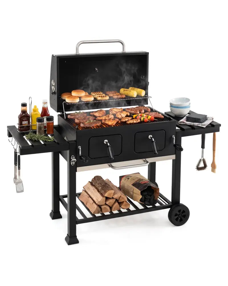 Large Charcoal Grill with Lifting Charcoal Trays and Folding Tables and Wheels - Outdoor Grills