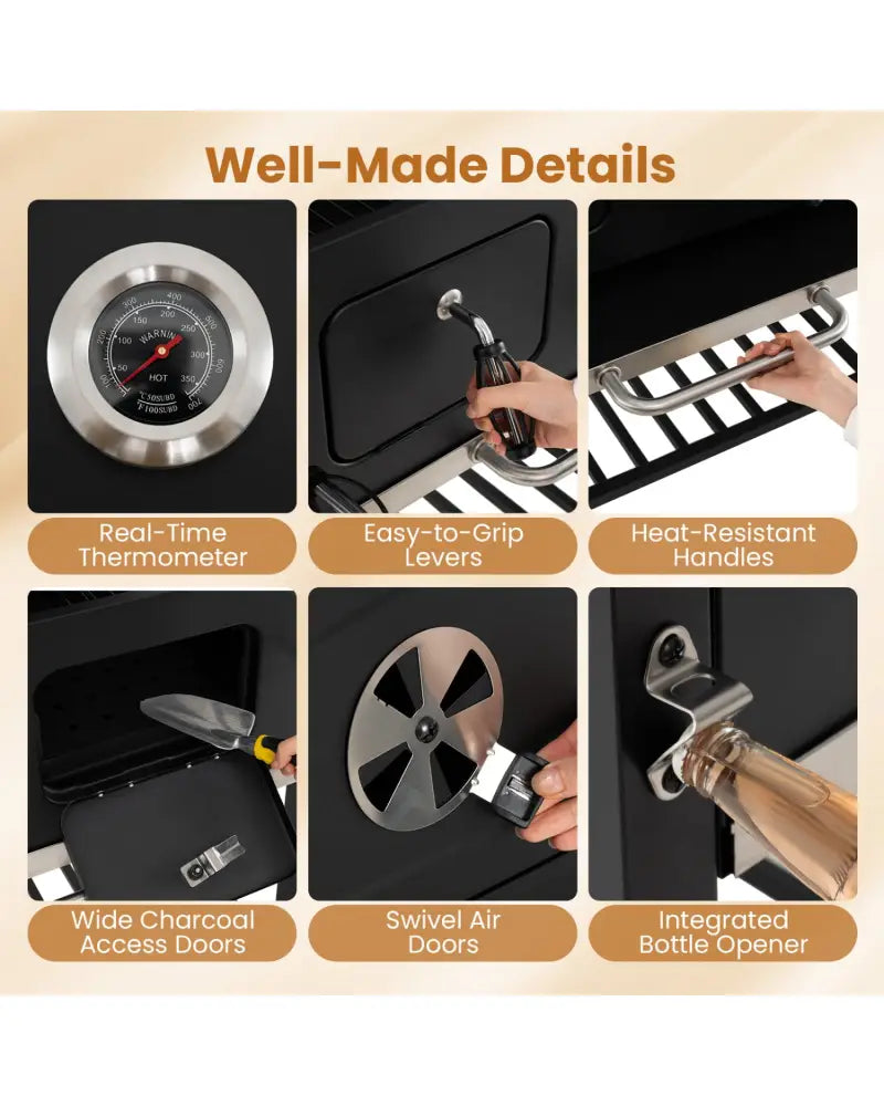 Large Charcoal Grill with Lifting Charcoal Trays and Folding Tables and Wheels - Outdoor Grills