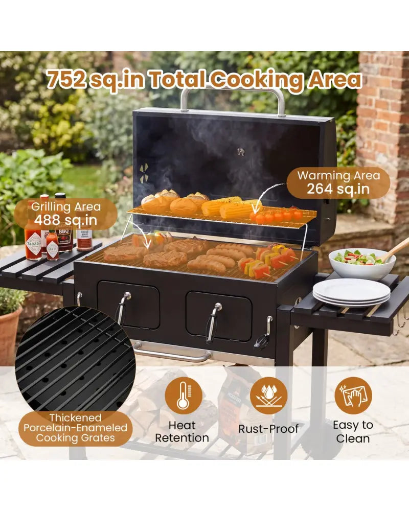 Large Charcoal Grill with Lifting Charcoal Trays and Folding Tables and Wheels - Outdoor Grills