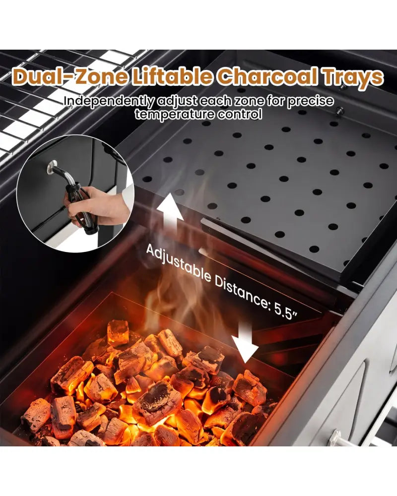 Large Charcoal Grill with Lifting Charcoal Trays and Folding Tables and Wheels - Outdoor Grills