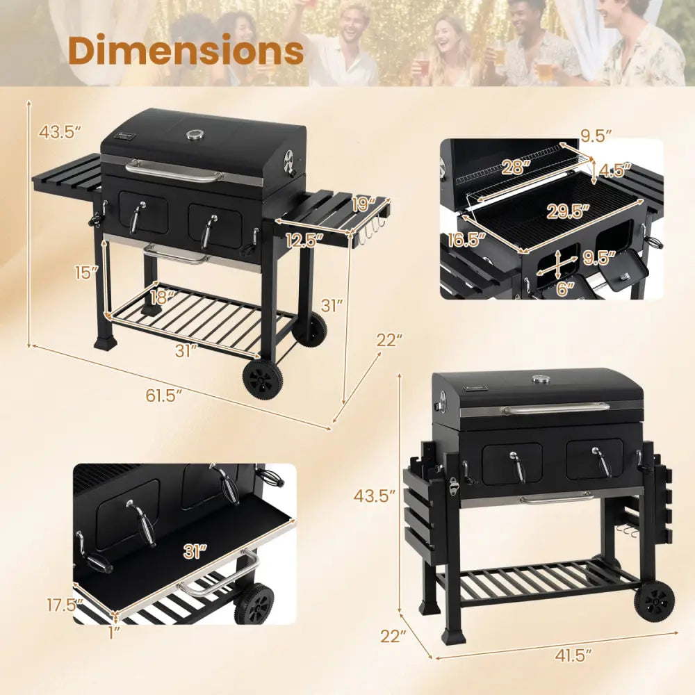 Large Charcoal Grill with Lifting Charcoal Trays and Folding Tables and Wheels - Outdoor Grills