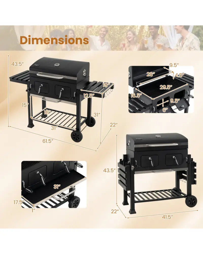 Large Charcoal Grill with Lifting Charcoal Trays and Folding Tables and Wheels - Outdoor Grills