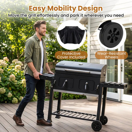 Large Charcoal Grill with Lifting Charcoal Trays and Folding Tables and Wheels - Outdoor Grills
