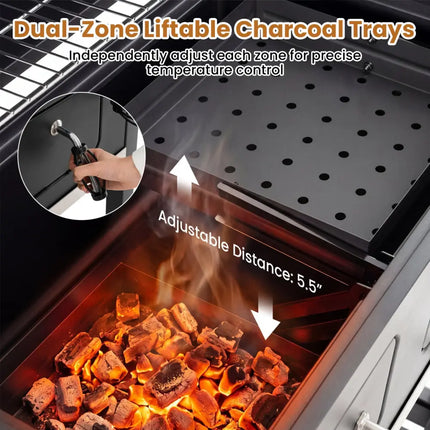 Large Charcoal Grill with Lifting Charcoal Trays and Folding Tables and Wheels - Outdoor Grills