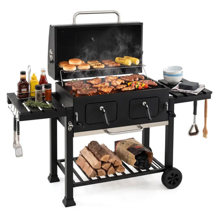 Large Charcoal Grill with Lifting Charcoal Trays and Folding Tables and Wheels - Outdoor Grills