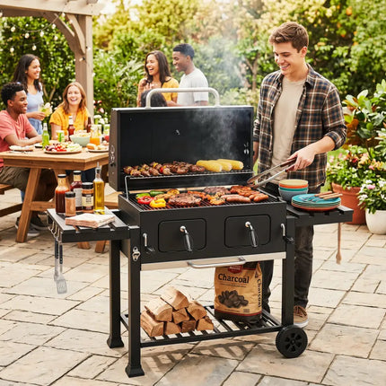 Large Charcoal Grill with Lifting Charcoal Trays and Folding Tables and Wheels - Outdoor Grills