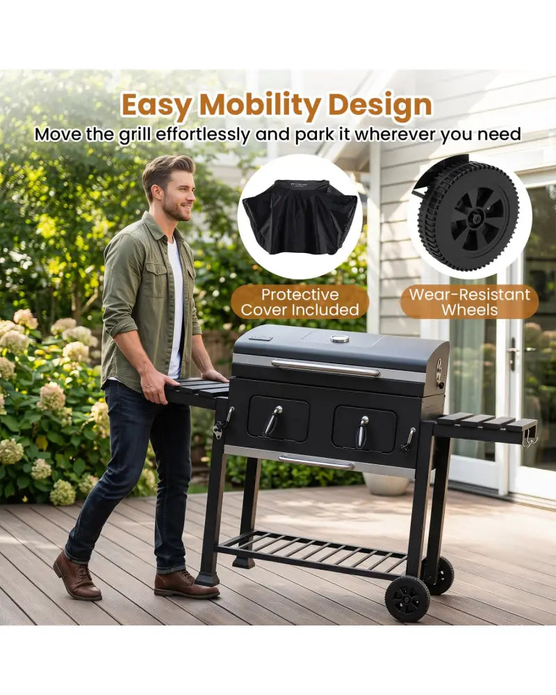 Large Charcoal Grill with Lifting Charcoal Trays and Folding Tables and Wheels - Outdoor Grills