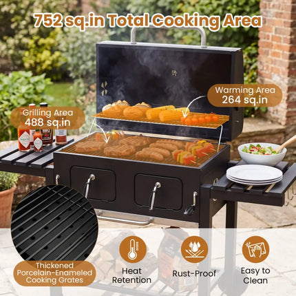 Large Charcoal Grill with Lifting Charcoal Trays and Folding Tables and Wheels - Outdoor Grills