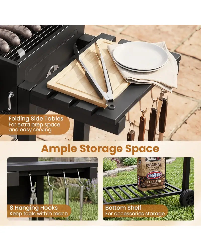 Large Charcoal Grill with Lifting Charcoal Trays and Folding Tables and Wheels - Outdoor Grills