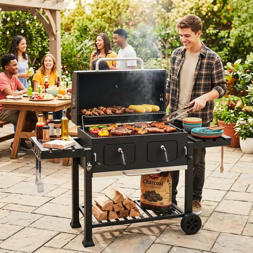Large Charcoal Grill with Lifting Charcoal Trays and Folding Tables and Wheels - Outdoor Grills