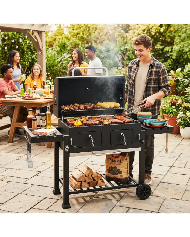 Large Charcoal Grill with Lifting Charcoal Trays and Folding Tables and Wheels - Outdoor Grills