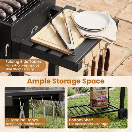 Large Charcoal Grill with Lifting Charcoal Trays and Folding Tables and Wheels - Outdoor Grills