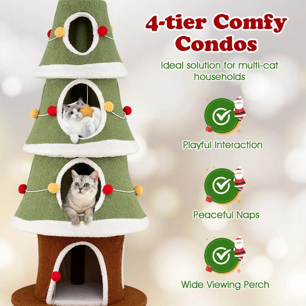 Large Christmas Cat Tree for Indoor Cats 61 Inch Cute Cat Tower with 4 Condos-Green - Green - Cat Trees Condos &