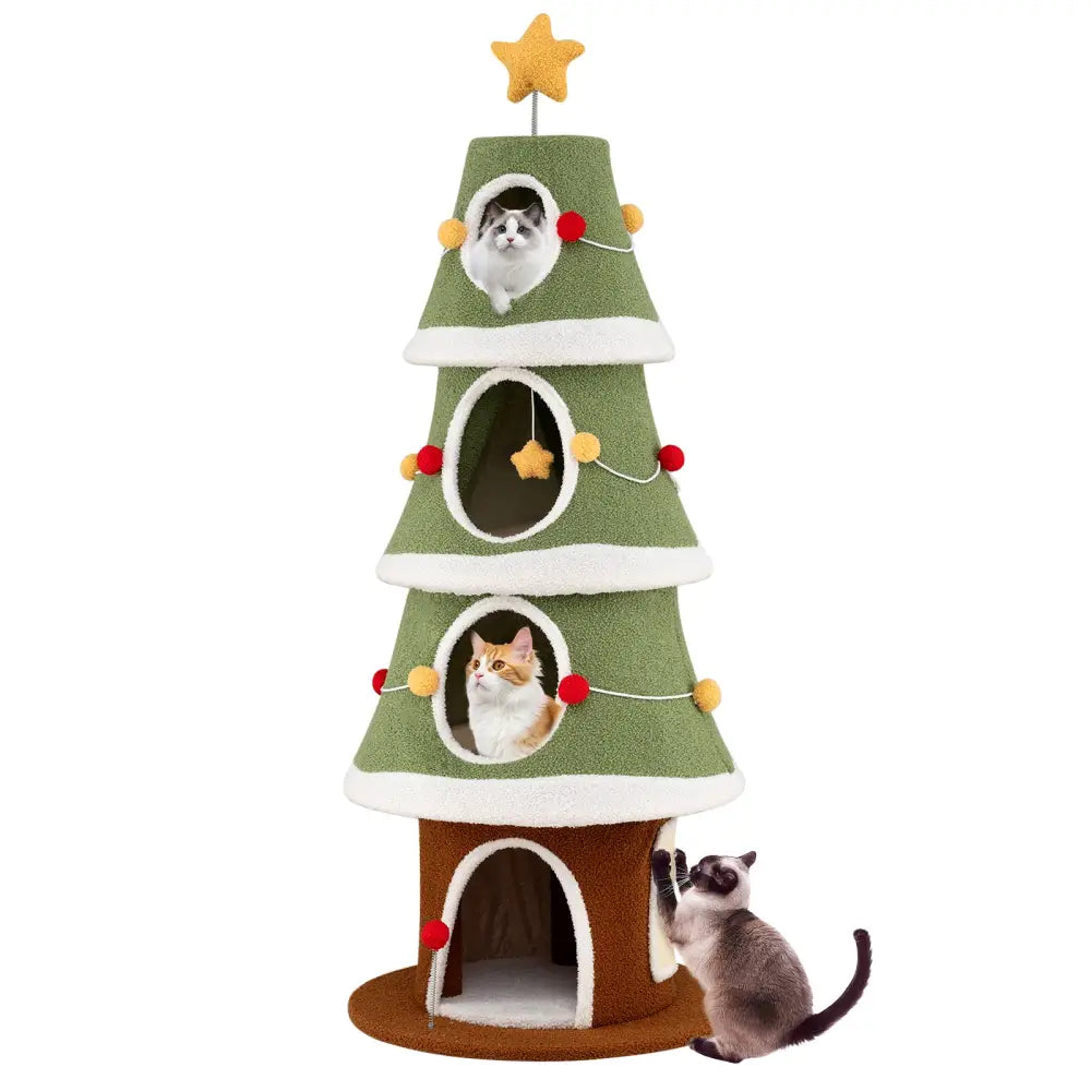 Large Christmas Cat Tree for Indoor Cats 61 Inch Cute Cat Tower with 4 Condos-Green - Green - Cat Trees Condos &