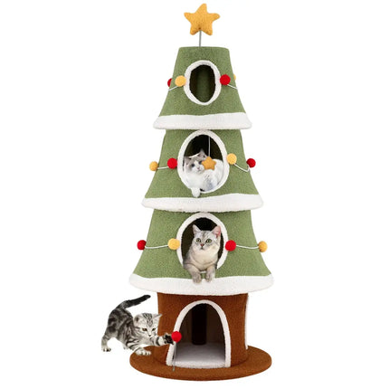 Large Christmas Cat Tree for Indoor Cats 61 Inch Cute Cat Tower with 4 Condos-Green - Green - Cat Trees Condos &