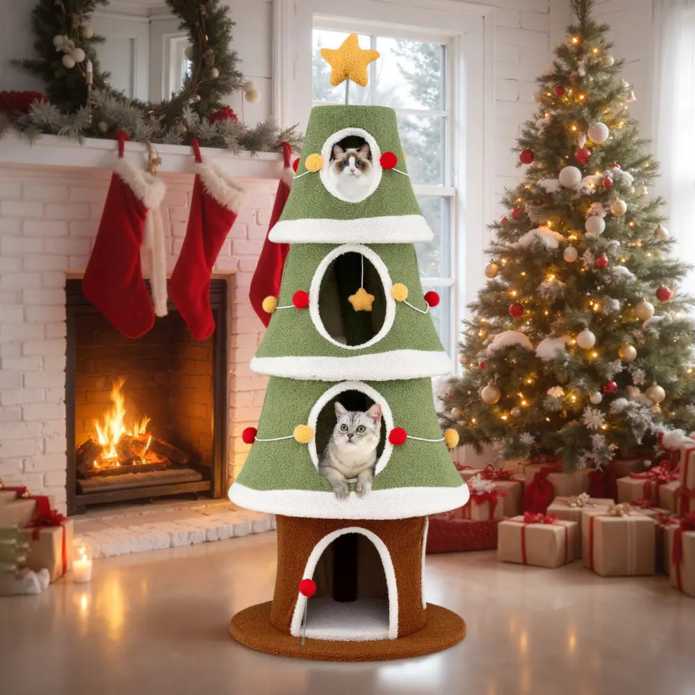 Large Christmas Cat Tree for Indoor Cats 61 Inch Cute Cat Tower with 4 Condos-Green - Green - Cat Trees Condos &