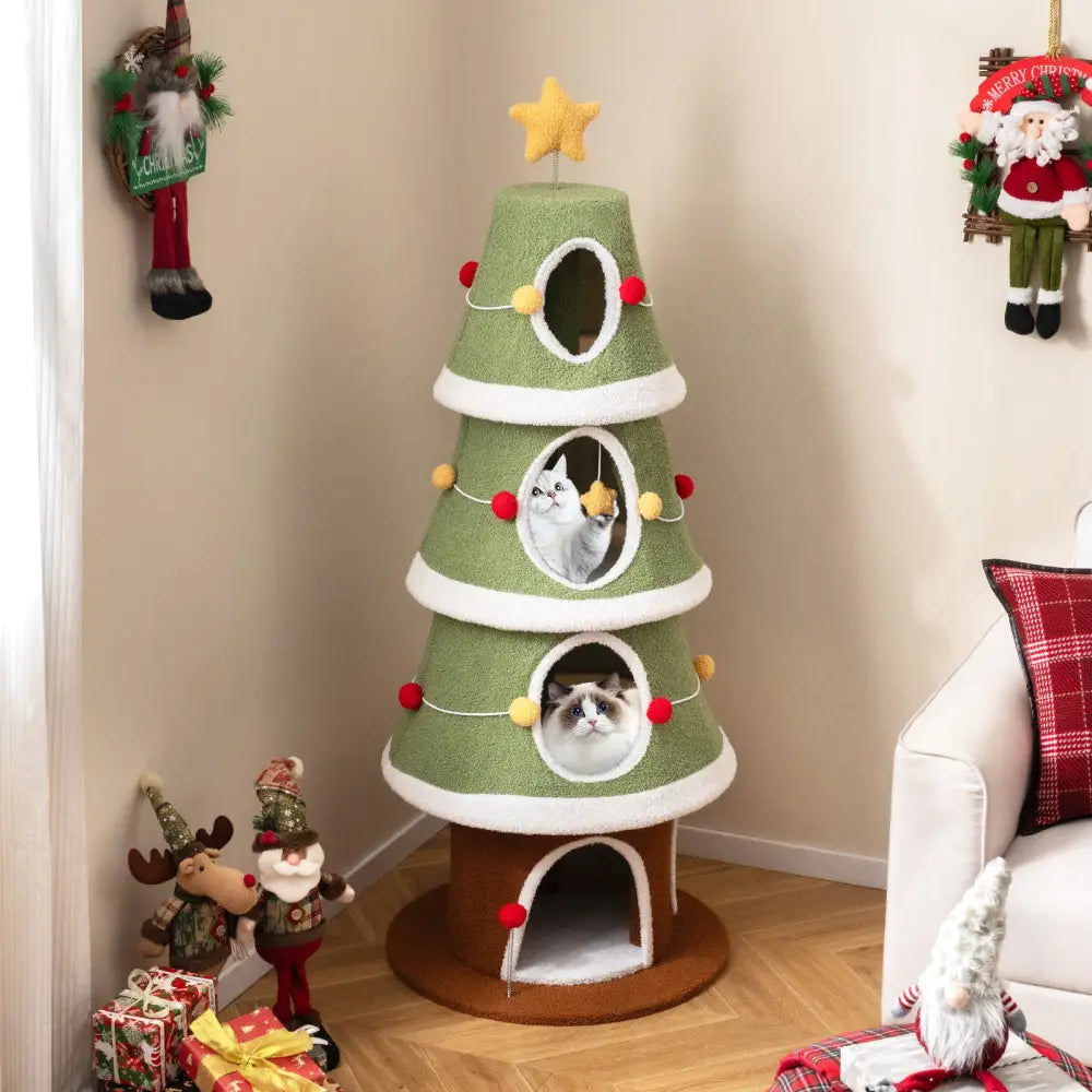 Large Christmas Cat Tree for Indoor Cats 61 Inch Cute Cat Tower with 4 Condos-Green - Green - Cat Trees Condos &